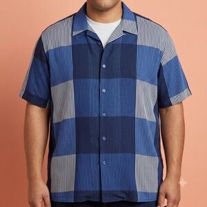 Pronti Collection by Phita Shirt Mens 3XL Blue Plaid Striped‎ Short Sleeve